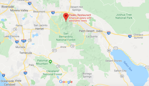 Map showing the location of Peaks Restaurant, an American eatery with panoramic views in California's San Bernardino National Forest.