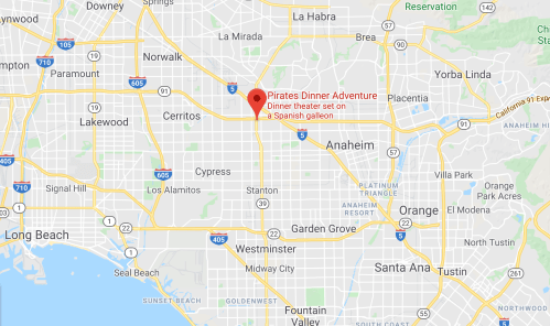 Map showing the location of Pirates Dinner Adventure, a dinner theater on a Spanish galleon in Anaheim, California.