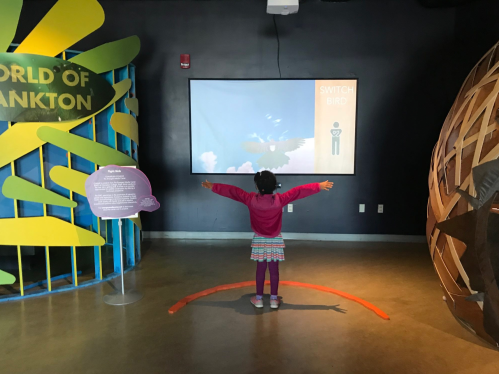 A child stands with arms outstretched in front of a screen displaying a bird, surrounded by colorful exhibits.