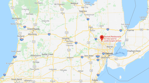 Map showing southeastern Michigan with a marker for Rocket Restaurant near Detroit, noted for jumbo burgers and more.