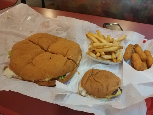 A large sandwich, a smaller sandwich, fries, and mozzarella sticks on a tray with white paper.