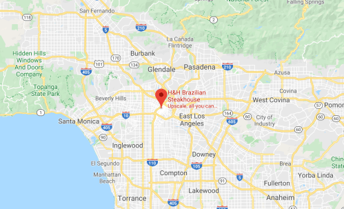 Map showing the location of H&H Brazilian Steakhouse in Los Angeles, California, near Glendale and Pasadena.