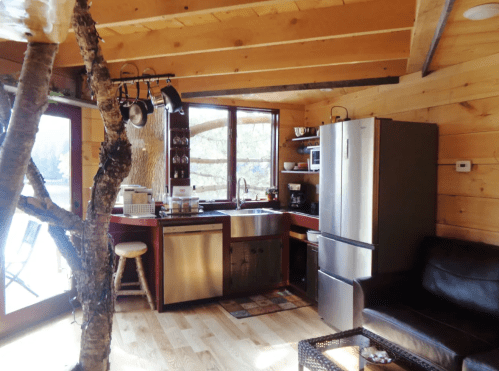 Cozy kitchen with wooden walls, stainless steel appliances, and a tree trunk integrated into the design.