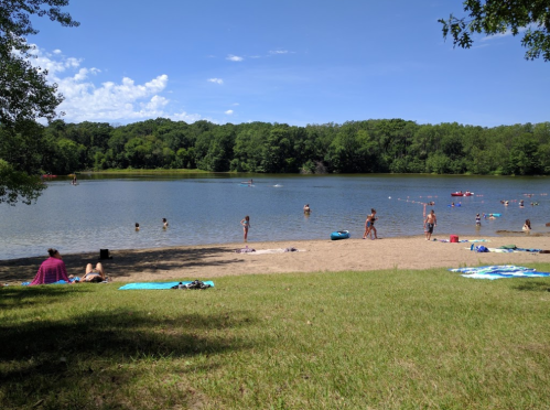 A sandy beach by a calm lake, with people swimming and relaxing under a clear blue sky surrounded by green trees.