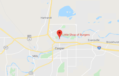 Map showing the location of "Little Shop of Burgers" in Casper, Wyoming, near highways and surrounding areas.