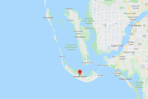 Map showing Sanibel Island, Florida, with nearby locations like Cape Coral and Pine Island. Red marker indicates Sanibel.