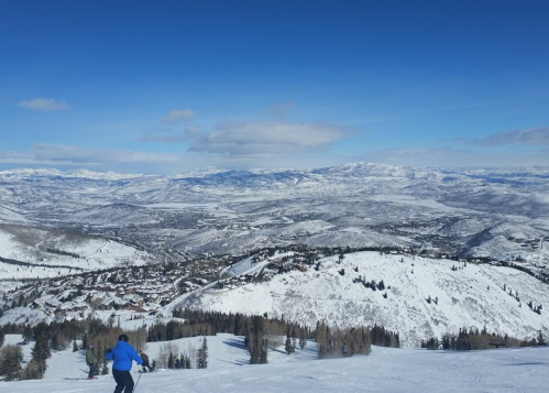 A skier descends a snowy slope, overlooking a valley and mountains under a clear blue sky.