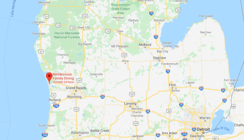 Map of Michigan highlighting the location of Rendezvous Family Dining near the west coast.