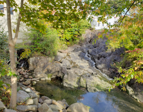 A serene rocky stream surrounded by colorful autumn foliage and a glimpse of a house in the background.