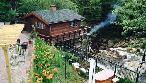 A cozy wooden cabin by a flowing stream, surrounded by greenery and colorful flowers. Smoke rises from the chimney.