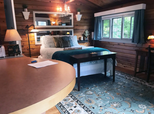Cozy cabin interior featuring a bed, wooden walls, a rug, and a small table with a lamp and window view.
