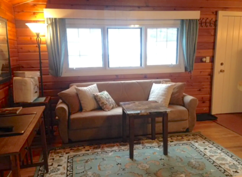 Cozy living room with a brown sofa, small table, and large windows, featuring wooden walls and a decorative rug.