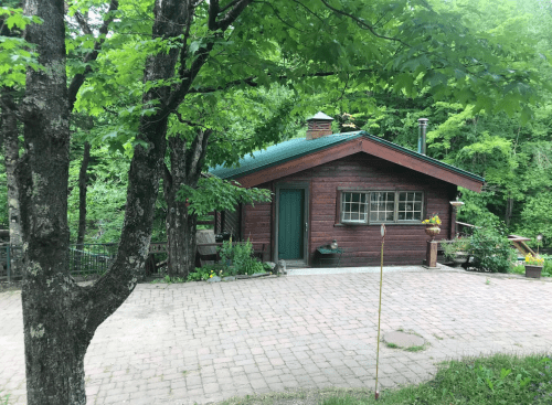A cozy wooden cabin surrounded by lush green trees and a stone pathway.