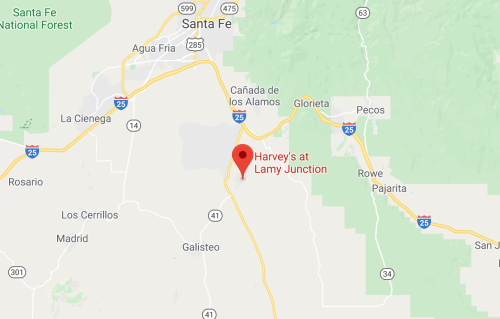 Map showing the location of Harvey's at Lamy Junction near Santa Fe, New Mexico, along major highways.