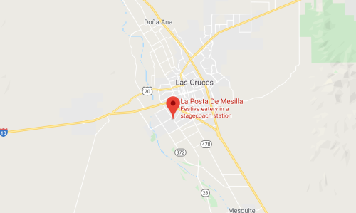 Map showing Las Cruces, New Mexico, with a marker for La Posta De Mesilla, a festive eatery in a stagecoach station.