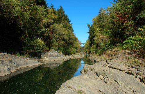 A serene river flows through a rocky landscape, surrounded by lush trees under a clear blue sky.