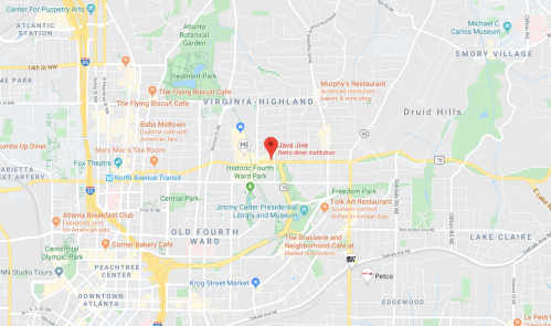 Map showing the location of Java Jive in Atlanta, near Virginia-Highland and Historic Fourth Ward Park.
