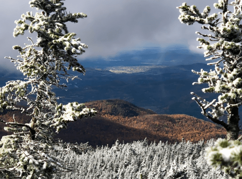 A snowy mountain landscape with evergreen trees, showcasing a valley below and dramatic clouds overhead.