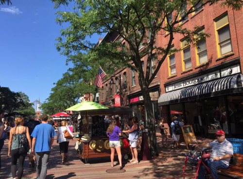 A bustling street scene with shoppers, trees, and vendor carts under a clear blue sky.