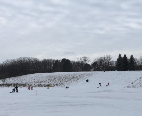 A snowy landscape with people sledding and playing on a hill, surrounded by trees under a cloudy sky.