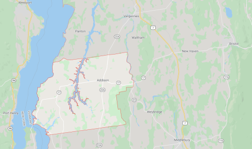 Map showing the area around Addison, Vermont, with nearby towns and roads highlighted.