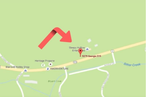 Map showing location of Sleepy Hollow Enterprises at 5279 Georgia 515, with an arrow indicating direction.