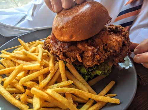 A close-up of a large fried chicken sandwich on a plate, accompanied by a generous serving of golden French fries.