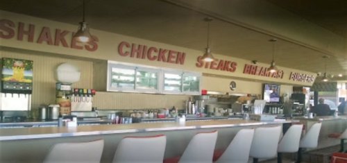 A retro diner interior featuring a long counter, stools, and signs for shakes, chicken, steaks, and burgers.