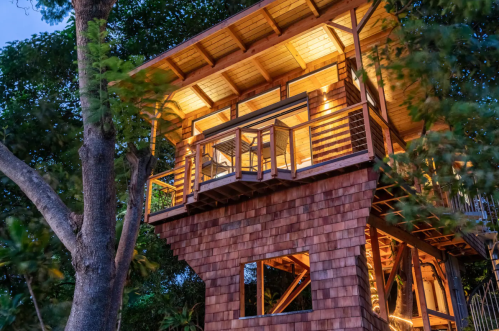 A beautifully lit treehouse with wooden siding, surrounded by lush greenery, showcasing a cozy balcony and large windows.