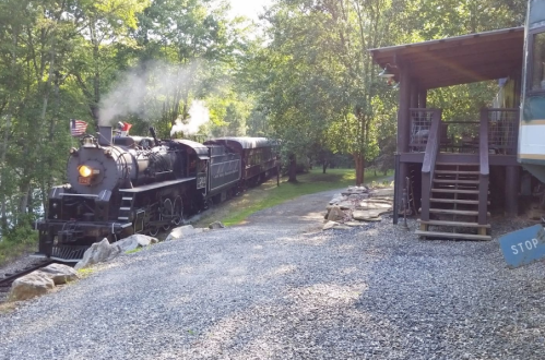 A vintage steam train passes by a wooded area, with a wooden structure and steps visible nearby.