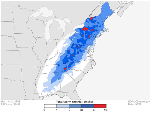 Map showing total snowfall from a storm in March 1993, with varying snowfall amounts across the eastern U.S.