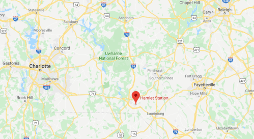 Map showing the location of Hamlet Station in North Carolina, near Uwharrie National Forest and surrounding towns.