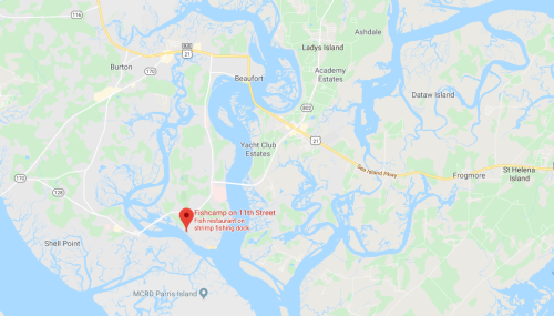 Map showing the location of Fishcamp on 11th Street, a fish restaurant on a shrimp fishing dock near Beaufort, SC.