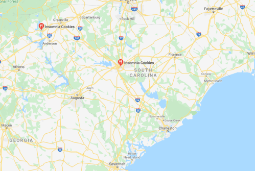 Map showing locations of Insomnia Cookies in South Carolina, near Augusta and Myrtle Beach.