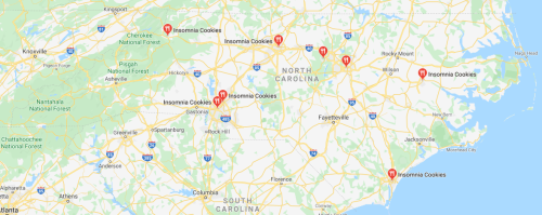Map of North Carolina highlighting locations of Insomnia Cookies with red markers.