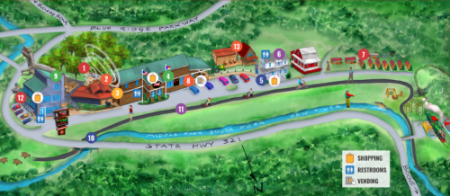 Map of a shopping area featuring various stores, restrooms, and a scenic route along State Hwy 321 and the Blue Ridge Parkway.
