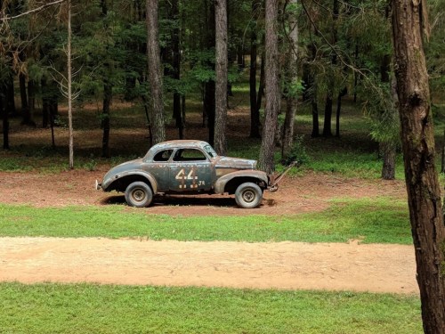 An old, rusty car parked in a wooded area, surrounded by trees and grass.