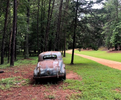 An old, rusty car parked in a wooded area with a dirt path winding through the trees.