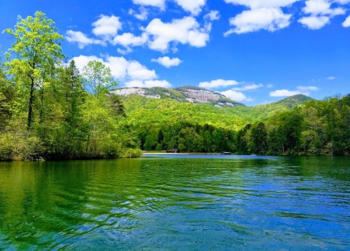 A serene lake surrounded by lush green trees and mountains under a bright blue sky with fluffy white clouds.