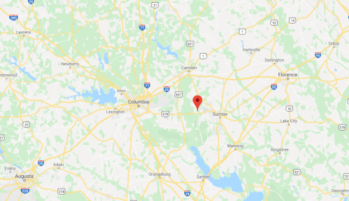 Map showing a location marked in red near Sumter, South Carolina, with surrounding highways and towns.