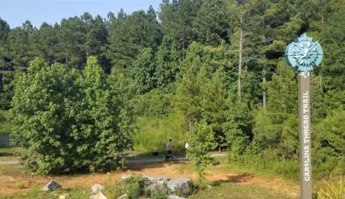 A sign for the Carolina Thread Trail stands beside a path where two people walk through a lush green landscape.