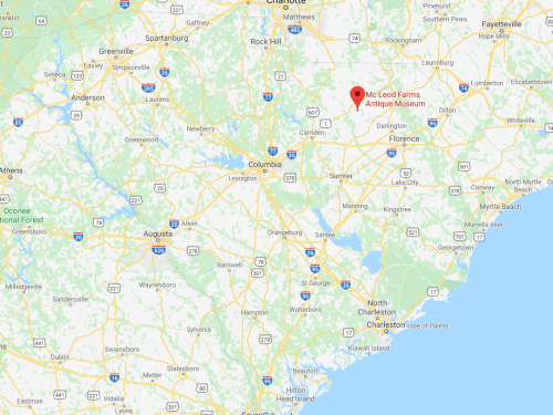 Map showing the location of McLeod Farms Antique Museum in South Carolina, near Camden and Florence.