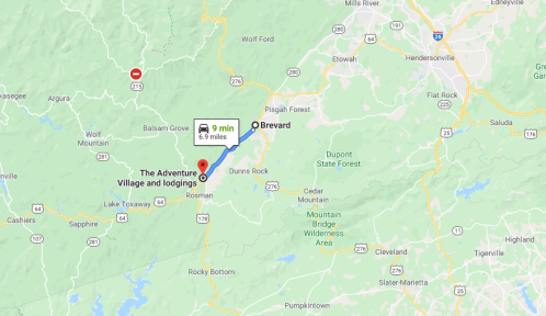 Map showing directions from The Adventure Village and Lodgings in Rosman to Brevard, approximately 6 miles away.