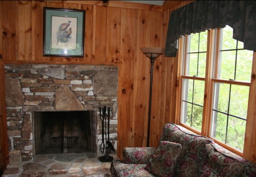 Cozy living room with a stone fireplace, floral couch, wooden walls, and large windows letting in natural light.