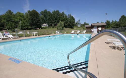 A clear swimming pool surrounded by lounge chairs and greenery under a blue sky. No diving sign visible.