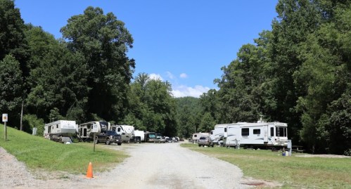 A gravel road lined with RVs and campers, surrounded by lush green trees under a clear blue sky.