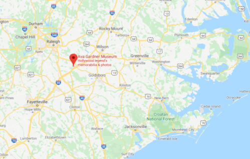 Map showing the location of the Ava Gardner Museum in Smithfield, North Carolina, near major highways and cities.