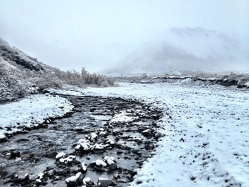A snowy landscape with a winding stream and distant mountains shrouded in fog.