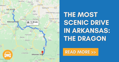 Map showing a scenic drive in Arkansas, labeled "The Dragon," with a route from U.S. 412 to Arkansas 16.