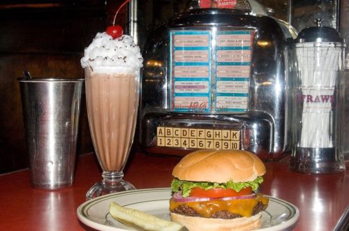 A classic diner scene featuring a cheeseburger with lettuce, tomato, and a milkshake topped with whipped cream and a cherry.
